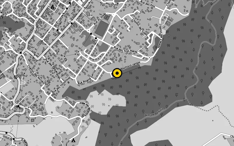Plan du quartier du garage à Cilaos : un repère jaune marque le garage, rue Raymond Vergès.